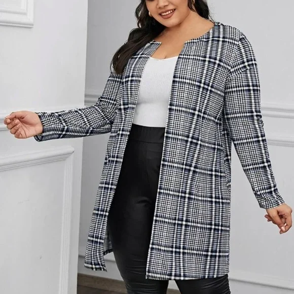 Collarless blazer long lightweight cardigan jacket coat plaid black white - Picture 1 of 2
